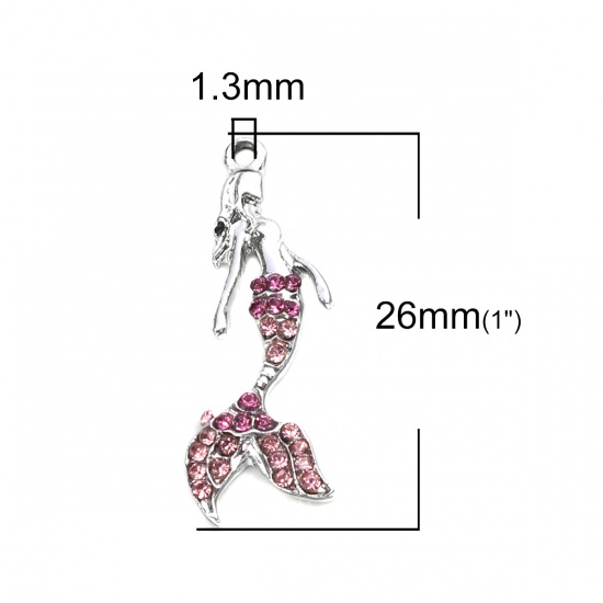 Picture of Zinc Based Alloy Charms Mermaid Silver Tone Pink Rhinestone 26mm x 10mm, 5 PCs