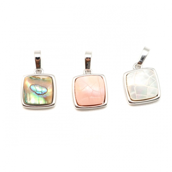 Picture of Natural Shell & Copper Charms Silver Plated Square White Crack 19mm x 12mm, 1 Piece