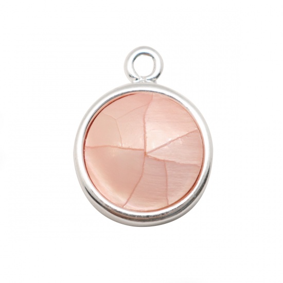 Picture of Natural Shell & Copper Charms Silver Plated Round Pink Crack 16mm x 12mm, 1 Piece