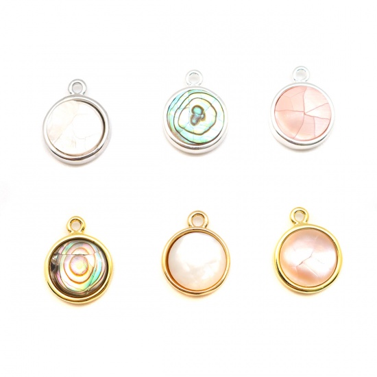 Picture of Natural Shell & Copper Charms Silver Plated Round Pink Crack 16mm x 12mm, 1 Piece