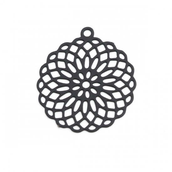 Изображение Латунь Подвески Черный Цветок Жизни Филигранные цветок железа 3см x 2.7см, 10 ШТ                                                                                                                                                                              