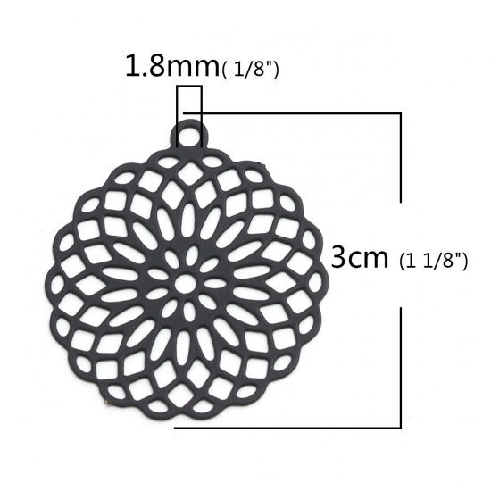 Изображение Латунь Подвески Черный Цветок Жизни Филигранные цветок железа 3см x 2.7см, 10 ШТ                                                                                                                                                                              