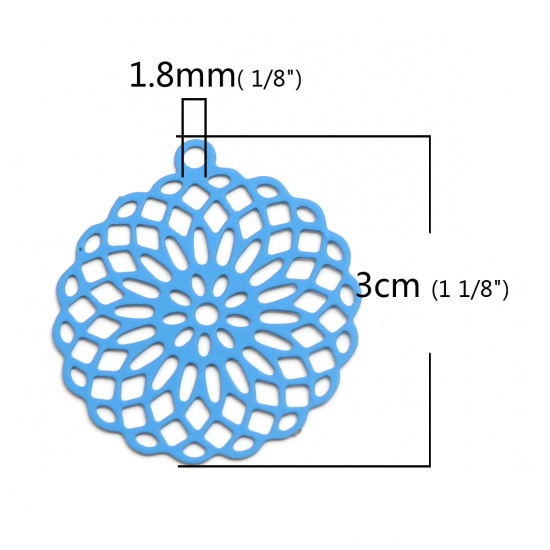 Изображение Латунь Подвески Синий Цветок Жизни Филигранные цветок железа 3см x 2.7см, 10 ШТ                                                                                                                                                                               