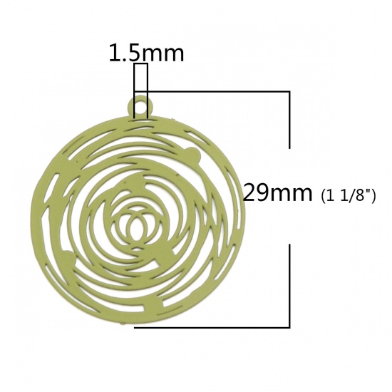 Imagen de Latón Colgantes Charms Verde Ronda Filigrana Estampación 29mm x 26mm, 10 Unidades