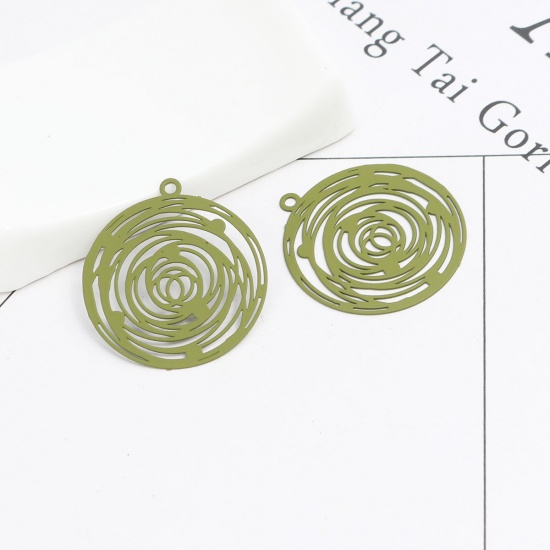 Imagen de Latón Colgantes Charms Verde Ronda Filigrana Estampación 29mm x 26mm, 10 Unidades