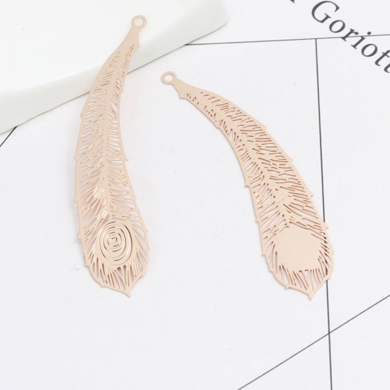 Picture of Brass Pendants Gold Plated Peacock Feather Filigree Stamping 6.5cm x 1.6cm, 10 PCs                                                                                                                                                                            