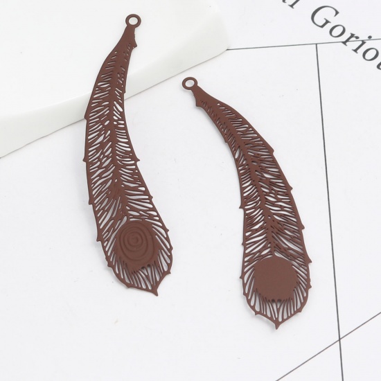 Picture of Brass Pendants Coffee Peacock Feather Filigree Stamping 6.5cm x 1.6cm, 10 PCs                                                                                                                                                                                 