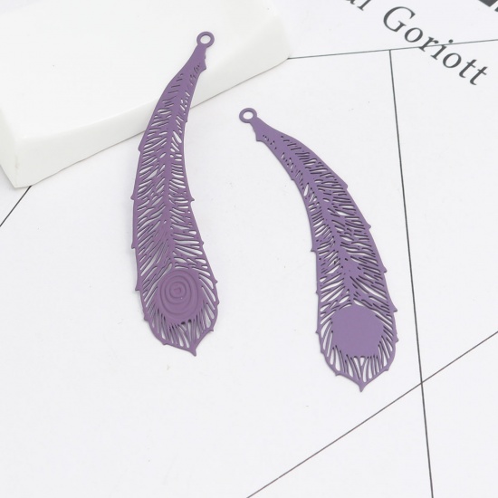 Picture of Brass Pendants Purple Peacock Feather Filigree Stamping 6.5cm x 1.6cm, 10 PCs                                                                                                                                                                                 