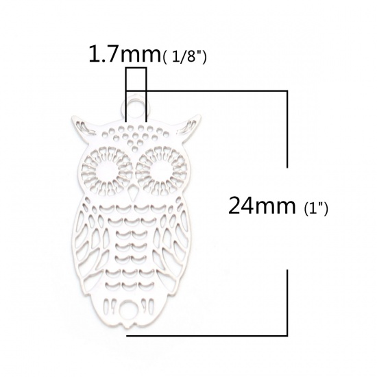 Picture of Brass Charms Silver Tone Owl Animal Filigree Stamping 24mm x 13mm, 10 PCs                                                                                                                                                                                     