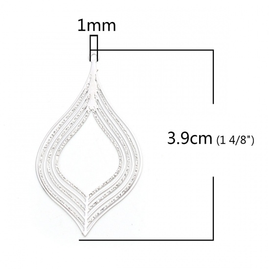 Image de 20 Pcs Pendentifs Estampe en Filigrane en Laiton Argent Mat Feuille Rayées Creux 3.9cm x 2.2cm
