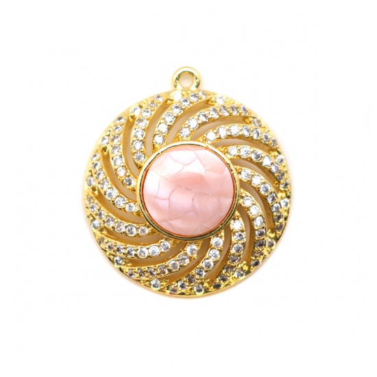 Picture of Natural Shell & Copper & Cubic Zirconia Charms Gold Plated Round Pink Crack 22mm x 20mm, 1 Piece