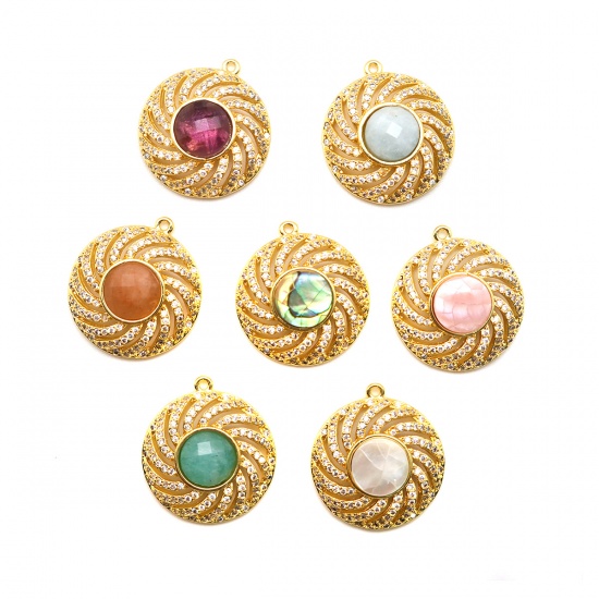 Picture of Natural Shell & Copper & Cubic Zirconia Charms Gold Plated Round Pink Crack 22mm x 20mm, 1 Piece