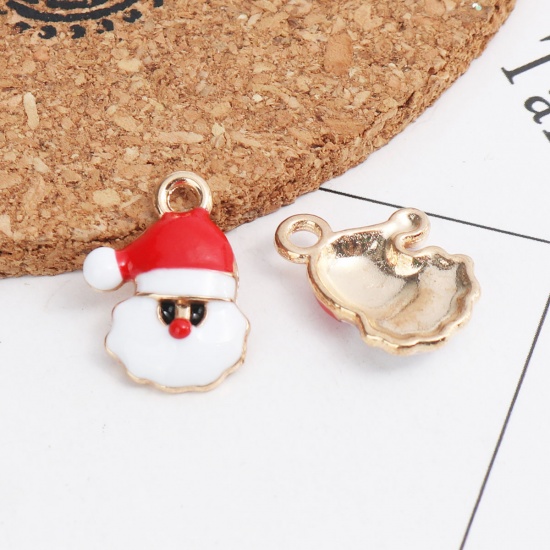 Picture of Zinc Based Alloy Christmas Charms Christmas Santa Claus Gold Plated White & Red Enamel 19mm x 14mm, 10 PCs