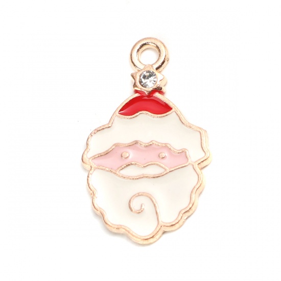 Picture of Zinc Based Alloy Christmas Charms Christmas Santa Claus Gold Plated White & Red Clear Rhinestone Enamel 25mm x 15mm, 10 PCs