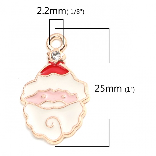 Picture of Zinc Based Alloy Christmas Charms Christmas Santa Claus Gold Plated White & Red Clear Rhinestone Enamel 25mm x 15mm, 10 PCs