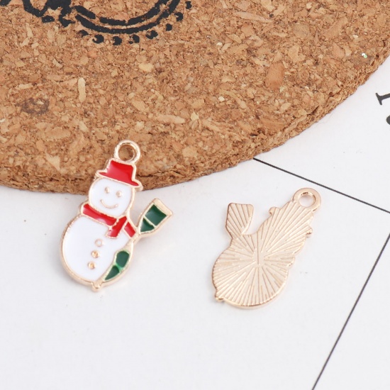 Picture of Zinc Based Alloy Christmas Charms Christmas Snowman Gold Plated Multicolor Enamel 21mm x 13mm, 10 PCs
