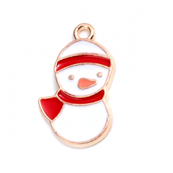 Picture of Zinc Based Alloy Christmas Charms Christmas Snowman Gold Plated White & Red Enamel 20mm x 12mm, 10 PCs