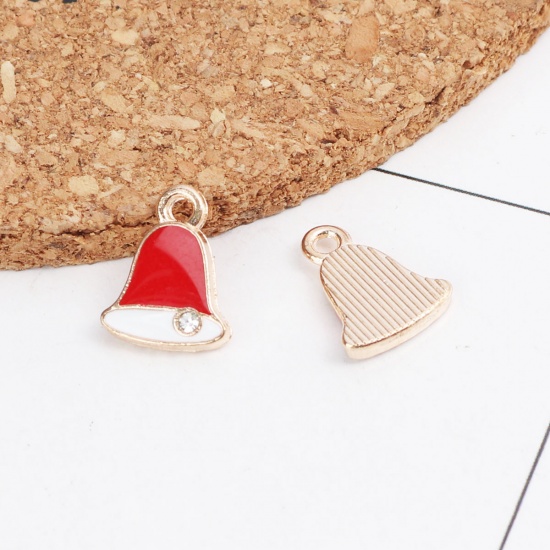 Picture of Zinc Based Alloy Christmas Charms Bell Gold Plated White & Red Clear Rhinestone Enamel 12mm x 9mm, 10 PCs