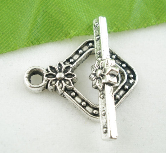 Picture of Zinc Based Alloy Toggle Clasps Square Antique Silver Color Flower 23mm x 6mm 21mm x 16mm, 30 Sets