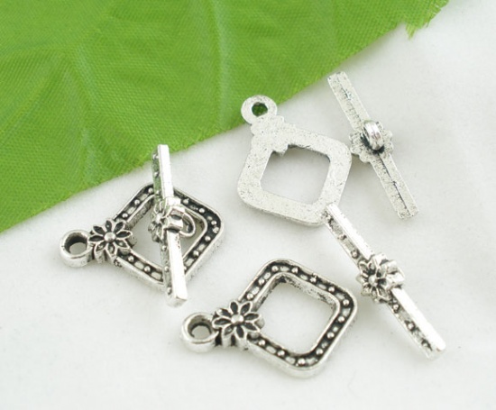 Picture of Zinc Based Alloy Toggle Clasps Square Antique Silver Color Flower 23mm x 6mm 21mm x 16mm, 30 Sets
