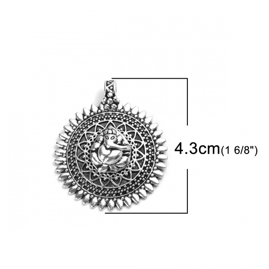 Picture of Zinc Based Alloy Bail Beads Round Antique Silver Color Carved Pattern Hollow 4.3cm x 3.6cm, 10 PCs