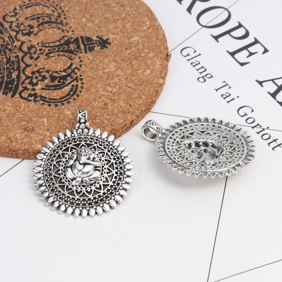 Picture of Zinc Based Alloy Bail Beads Round Antique Silver Color Carved Pattern Hollow 4.3cm x 3.6cm, 10 PCs