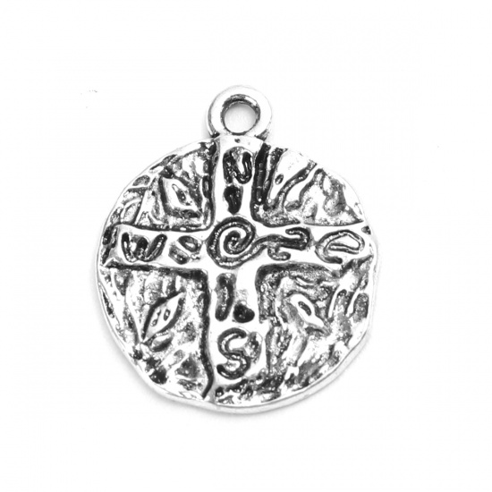 Изображение Цинковый Сплав Подвески Круглые Античное Серебро Крест 20мм x 17мм, 20 ШТ