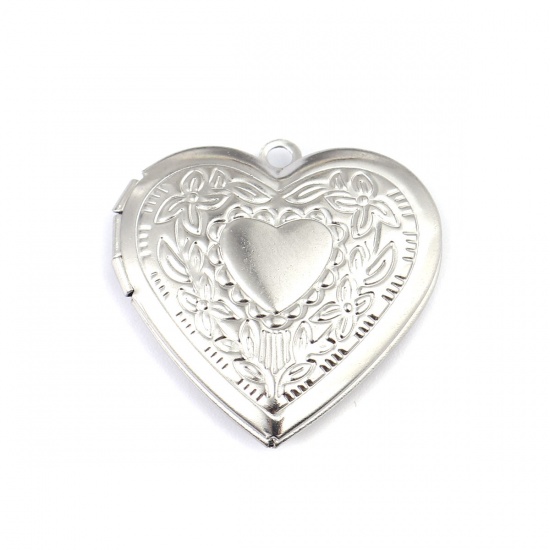 Imagen de 304 Acero Inoxidable Colgantes Charms Corazón Tono de Plata Tallado (Apta 21mmx17mm) 29mm x 29mm, 1 Unidad