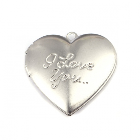 Bild von 304 Edelstahl Charms Herz Silberfarbe Message " I Love you " (für 22mm x 16mm) 29mm x 29mm, 1 Stück