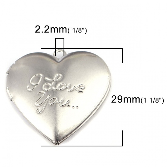 Picture of 304 Stainless Steel Charms Heart Silver Tone Message " I Love you " (Fits 22mm x 16mm) 29mm x 29mm, 1 Piece