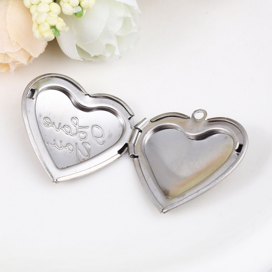 Picture of 304 Stainless Steel Charms Heart Silver Tone Message " I Love you " (Fits 22mm x 16mm) 29mm x 29mm, 1 Piece