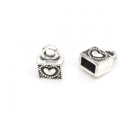 Picture of Zinc Based Alloy Cord End Caps Rectangle Antique Silver Heart (Fits 4.2mm x 2mm Cord) 8mm x 6mm, 100 PCs