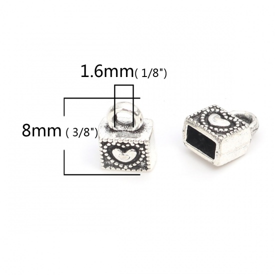 Picture of Zinc Based Alloy Cord End Caps Rectangle Antique Silver Heart (Fits 4.2mm x 2mm Cord) 8mm x 6mm, 100 PCs