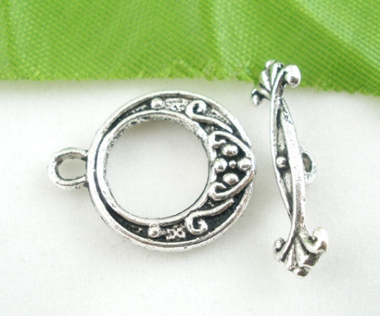 Picture of Zinc Based Alloy Toggle Clasps Round Antique Silver Color Flower 19mm x 15mm, 20 Sets