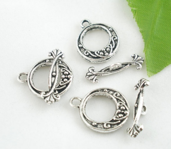 Picture of Zinc Based Alloy Toggle Clasps Round Antique Silver Color Flower 19mm x 15mm, 20 Sets