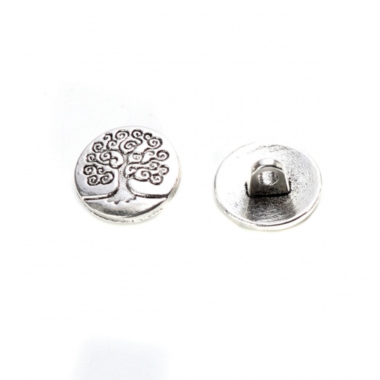 Picture of Zinc Based Alloy Sewing Buttons Round Antique Silver Color Tree Carved 14mm Dia., 60 PCs