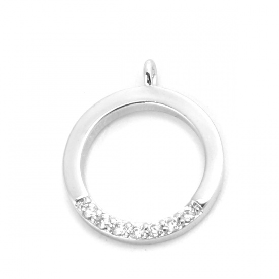 Imagen de Latón Colgantes Charms 18K Platino Real Chapado Ronda Transparente Rhinestone 13mm x 11mm, 2 Unidades