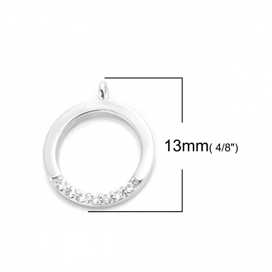 Imagen de Latón Colgantes Charms 18K Platino Real Chapado Ronda Transparente Rhinestone 13mm x 11mm, 2 Unidades