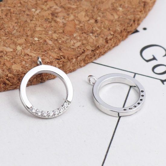 Imagen de Latón Colgantes Charms 18K Platino Real Chapado Ronda Transparente Rhinestone 13mm x 11mm, 2 Unidades