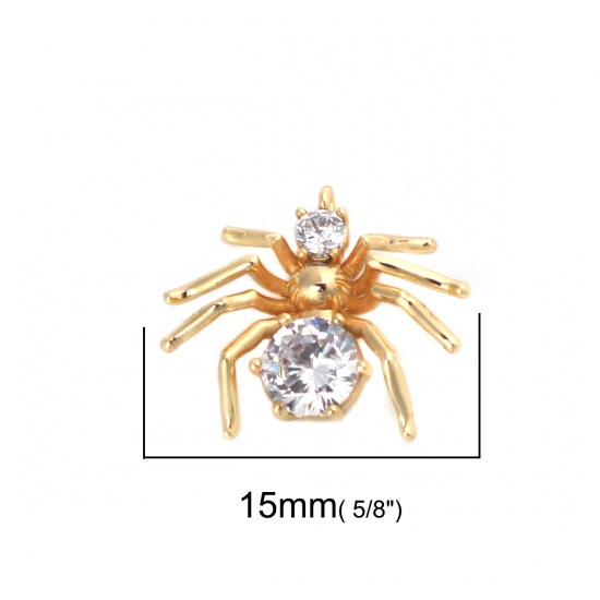 Picture of Brass Charms 18K Real Gold Plated Halloween Spider Animal Clear Rhinestone 15mm x 13mm, 2 PCs                                                                                                                                                                 