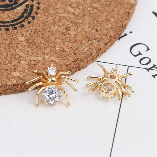 Picture of Brass Charms 18K Real Gold Plated Halloween Spider Animal Clear Rhinestone 15mm x 13mm, 2 PCs                                                                                                                                                                 
