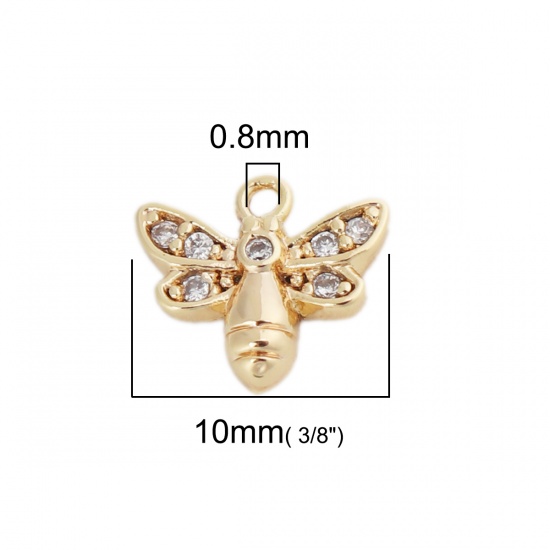 Imagen de Latón Colgantes Charms 18K Oro Real Chapado Abejas Transparente Rhinestone 10mm x 9mm, 2 Unidades