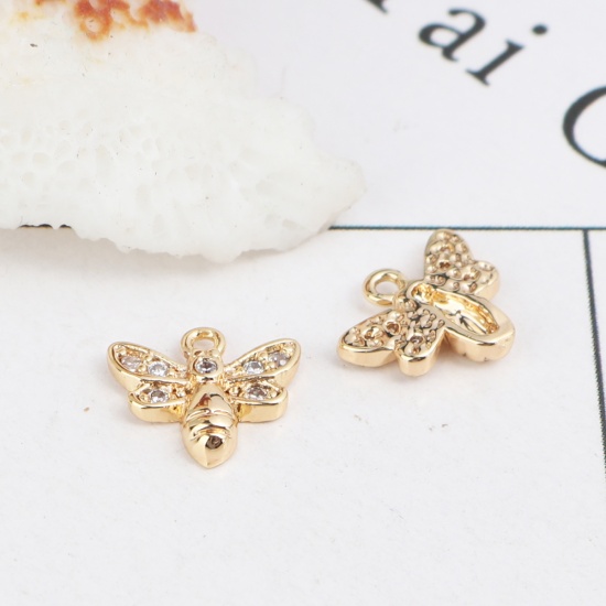 Imagen de Latón Colgantes Charms 18K Oro Real Chapado Abejas Transparente Rhinestone 10mm x 9mm, 2 Unidades