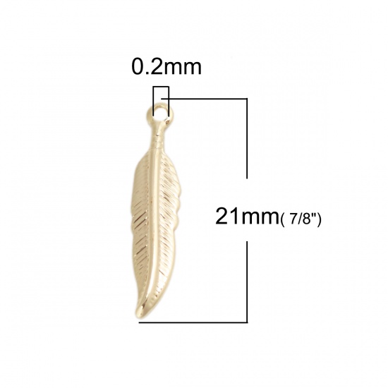 Immagine di Ottone Charms 18K Vero Oro Placcato Piuma 21mm x 5mm, 5 Pz