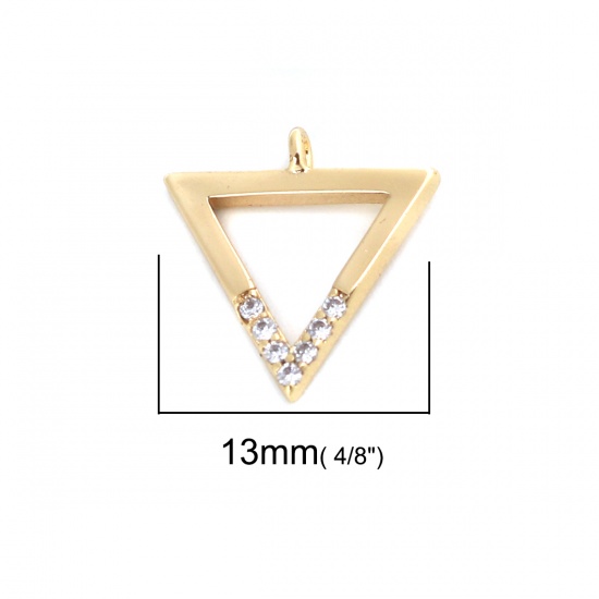 Bild von Messing Charms Dreieck 18K Vergoldet Hohl Transparent Strass 13mm x 12mm, 2 Stück