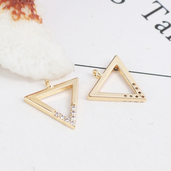 Bild von Messing Charms Dreieck 18K Vergoldet Hohl Transparent Strass 13mm x 12mm, 2 Stück
