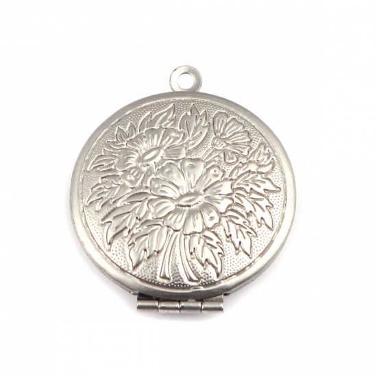 Picture of 304 Stainless Steel Pendants Round Silver Tone Flower (Fits 19mm Dia.) 3.2cm x 2.7cm, 1 Piece