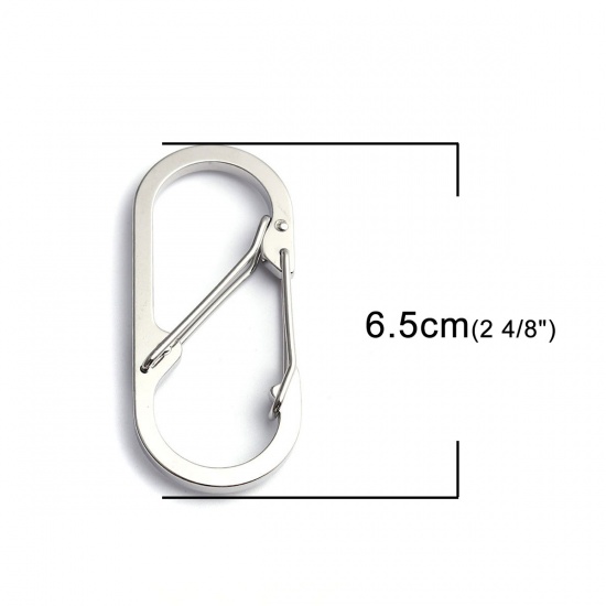 Picture of 201 Stainless Steel Carabiner Keychain Clip Hook Oval Silver Tone 6.5cm x 2.8cm, 1 Piece