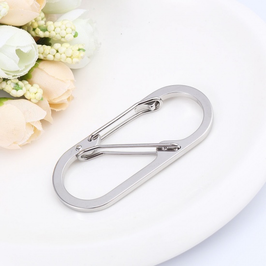 Picture of 201 Stainless Steel Carabiner Keychain Clip Hook Oval Silver Tone 6.5cm x 2.8cm, 1 Piece