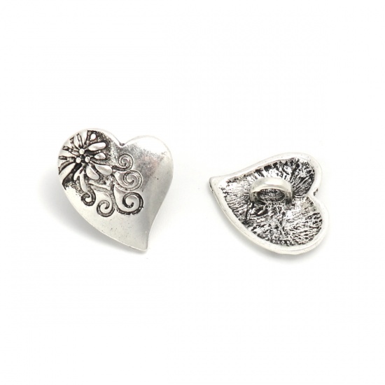 Picture of Zinc Based Alloy Sewing Shank Buttons Heart Antique Silver Color Flower Carved 20mm x 17mm, 10 PCs